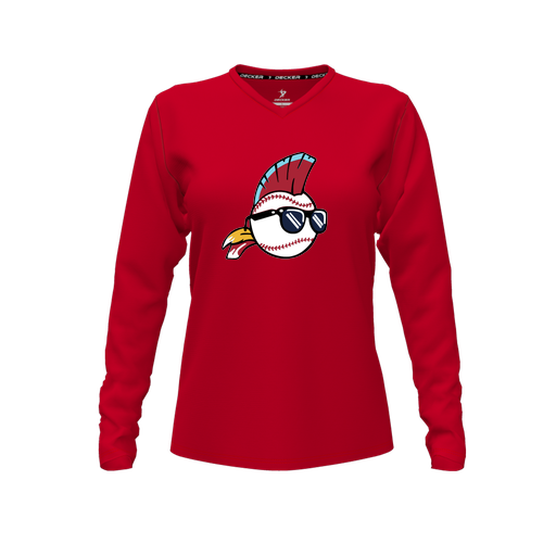 [CUS-DFW-TEES-PER-VNK-LSL-RED-FYXS-LOGO1] Performance T-Shirt (Female Youth XS, Red, V Neck, Logo 1, Long Sleeve)